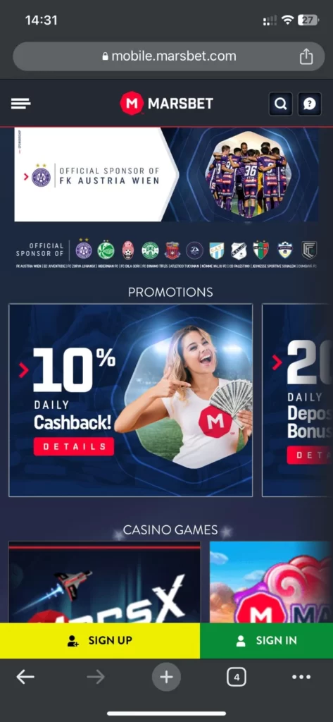 Marsbet Android apk homepage