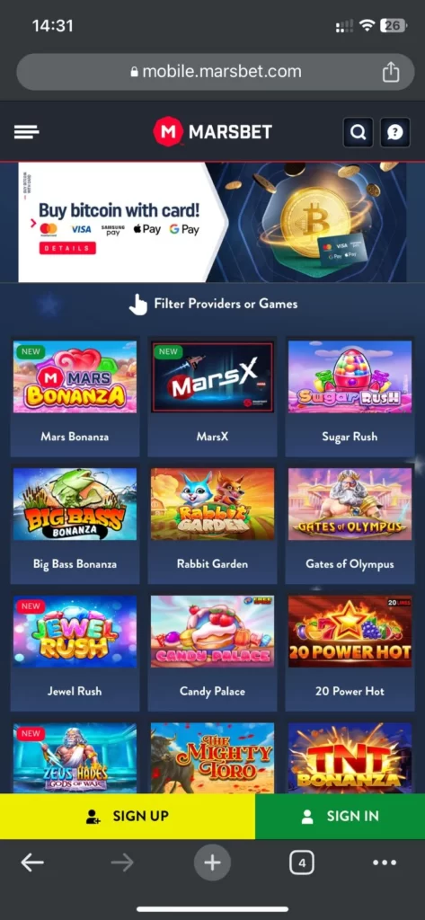 Marsbet from Android mobile at casino slot section