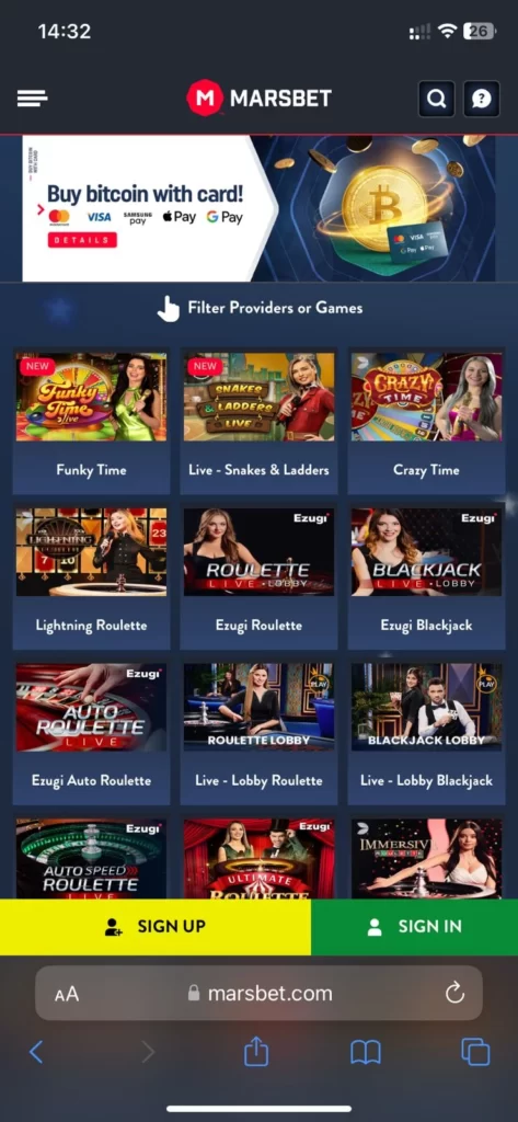 Marsbet iOS live casino section