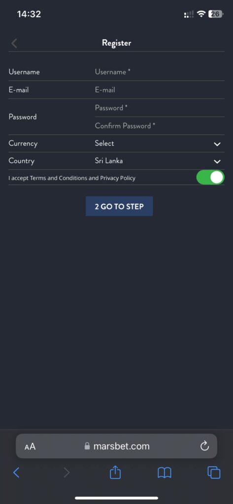 Marsbet register from iOS app